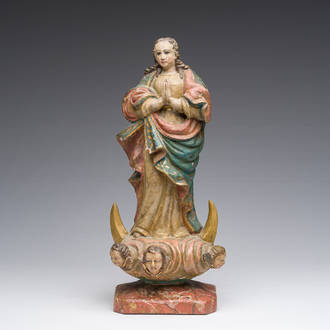 A Southern European polychrome decorated wooden sculpture of the Immaculate Conception of Mary, 18th C.