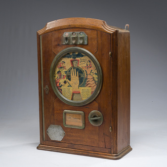 A French wooden coin-operated 'Votre Ligne' fortune-telling machine, 'La Gitane-Gypsy', Bussoz, 1930s