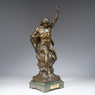 Emile Louis Picault (1833-1915): 'Ad lumen', bronze à patine brune sur socle en vert de mer, marque de fonderie 'E. Colin & Cie Paris'