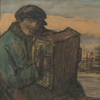 Eugeen Van Mieghem (1875-1930): Le joueur d'accordéon au port d'Anvers, fusain et pastel sur papier