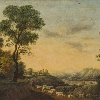 École allemande: Un berger et son troupeau dans un paysage, huile sur toile, 18ème siècle