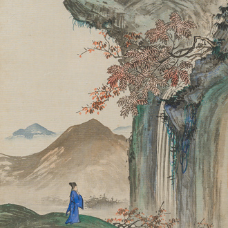 Mon van Genechten (Fang Hsi Sheng, Geel, 1903-1974): Paysage animé avec une cascade, encre et couleurs sur soie