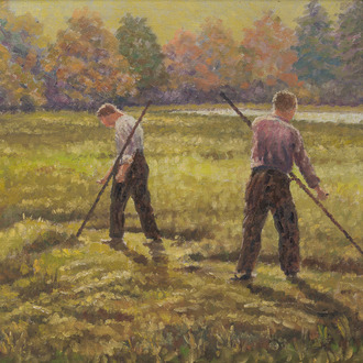 École belge: Paysage avec ouvriers aux champs, huile sur toile, 20ème siècle