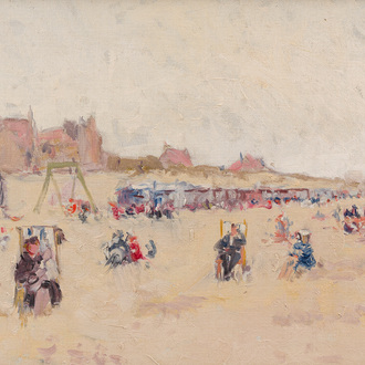 Frans Smeers (1873-1960, attribué à): Repos dominical sur la plage à la Panne, huile sur toile