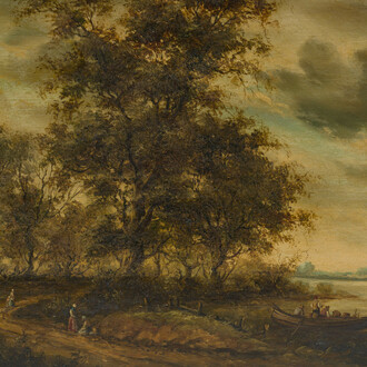 Jan Frederick van Deventer (1822-1889, à la manière de): Paysage fluvial animé, huile sur panneau, 19ème siècle