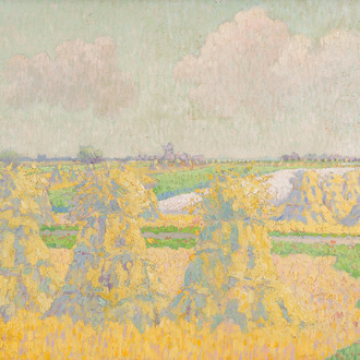 Emile Claus (1849-1924): Meules de foin dans un paysage d'été, huile sur panneau