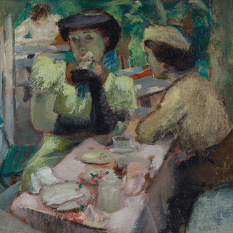 Georges Rogy (1897-1981) : Deux dames à l'heure du thé, huile sur toile