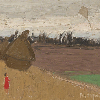 Hubert Malfait (1898-1971): 'Landschap met vlieger', huile sur toile, daté 1955
