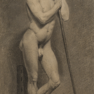 Ecole académique: Etude de nu masculin, fusain sur papier collé sur carton, 19ème siècle