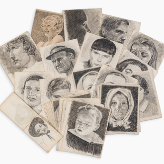 École belge: Vaste collection d'esquisses de portraits et un carnet de croquis, techniques mixtes sur papier, 20ème siècle