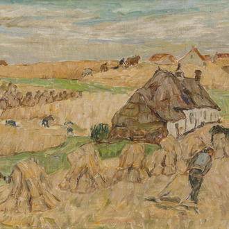 Modest Huys (1874-1932) : Paysage avec des paysans au travail, huile sur toile