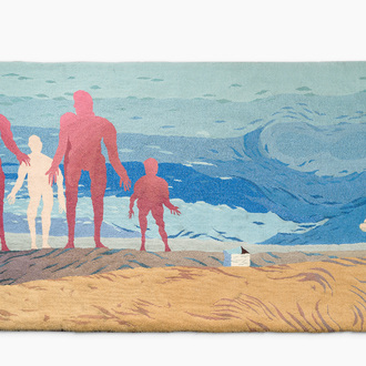 José Vermeersch (1922-1997): Tapisserie murale except. à décor des figures et un chien sur la plage, laine tuftée à la main, éd. 1/1, daté (19)91