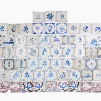 64 blue, white and manganese Delft tiles with various subjects, The Netherlands, 17th/18th C.