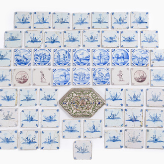 58 blue, white and manganese Delft tiles and a hexagonal Qajar tile, 18th/19th C.