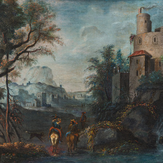 École autrichienne: La chasse au faucon, huile sur toile, 18ème siècle