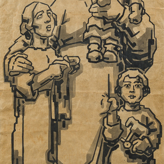 Alfred Ost (1884-1945): Mère avec ses trois enfants, encre de Chine et lavis sur papier