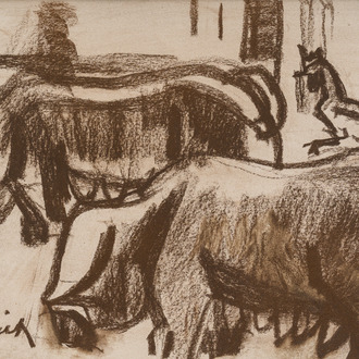 Hubert Malfait (1898-1971): Porcs et un coq, fusain brun sur papier