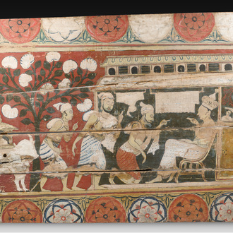 Remarquable panneau mural en bois polychrome décoré à décor de hommage à Bouddha, Sri Lanka, 18ème/19ème siècle