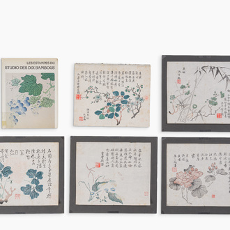 Ecole chinoise: Cinq estampes d'un album, probablement 17ème siècle, et le livre 'Les estampes du studio des dix bambous'