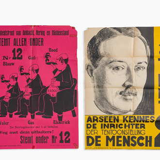 Deux affiches électorales pour Arseen Kennes à Anvers et pour le Eenheidsfront van Ambacht, Nering en Middenstand, daté 1936