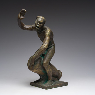 Arthur Dupagne (1895-1961): The tamtam player, bronze patinated plaster