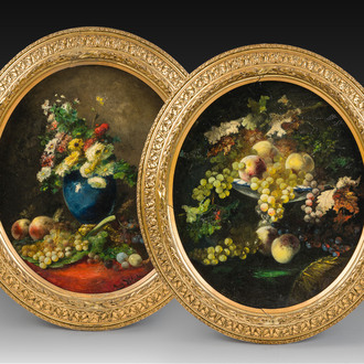 Auguste Velghe (1831-1912): Deux natures mortes aux fruits et aux fleurs, huile sur toile
