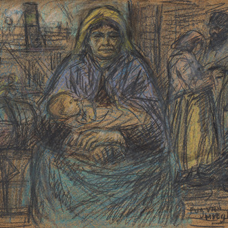 Eugeen Van Mieghem (1875-1930): Vie de famille avec l'activité portuaire en arrière-plan, fusain et pastel sur papier
