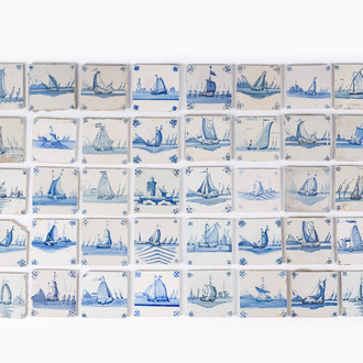 40 blue and white Dutch Delft tiles with ships, The Netherlands, 17th/18th C.