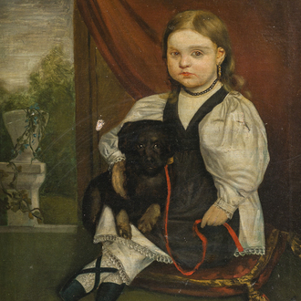 Ecole belge: Portrait d'une fillette et de son chien, huile sur toile, 19ème siècle
