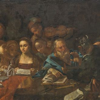 École italienne: La troupe musicale, huile sur toile, 17ème siècle