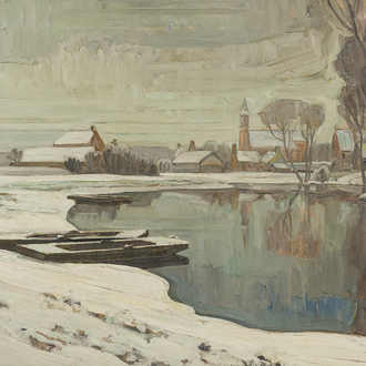 Evarist De Buck (1892-1974): 'Winter op de Leie', huile sur toile