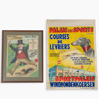 Deux affiches différentes, 'Windhondenkoersen' (litho. Verstegen Frères) et 'Brouwerij & Mouterij De Smet & Verniers Gentbrugge', 20ème siècle