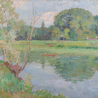 Albert Pinot (1875-1962): Paysage fluvial animé d'une barque, huile sur toile