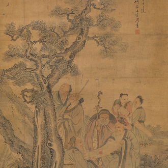Ecole chinoise: Les Sept Sages de la Forêt de Bambous, encre et couleurs sur papier, 19ème siècle