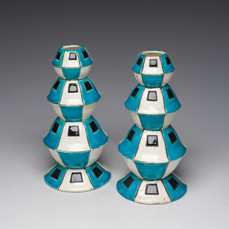 A pair of pagoda-shaped Boch Keramis Art Deco vases with geometric design, La Louvière, Charles Catteau, ca. 1929