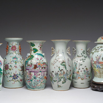 Six vases en porcelaine de Chine famille rose et qianjiang cai à décor floral et figuratif, 19ème/20ème siècle