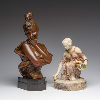 Georges Van der Straeten (1856-1928): Buste de dame, bronze à patine brune & Reinhold Böltzig (1863-1939): 'Fruchtsammlerin', albâtre