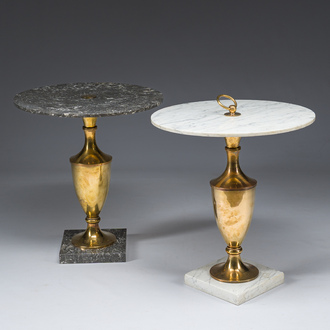 Two Hollywood Regency white and grey marble side tables with gilt copper vase-shaped bases, Maison Jansen, Paris, France, 1970s