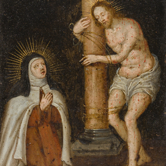 École flamande: L'apparition du Christ à sainte Thérèse d'Avila, huile sur cuivre, 17ème siècle
