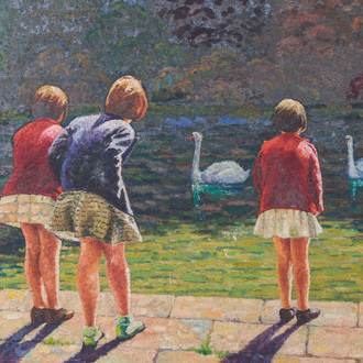 École belge: Enfants au bord d'un point d'eau avec des cygnes, huile sur toile, 20ème siècle