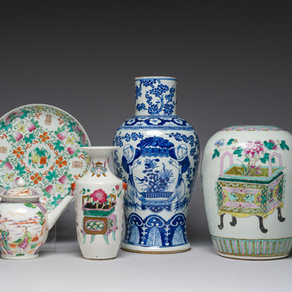 A varied collection of Chinese blue, white and famille rose porcelain, Qianlong and later