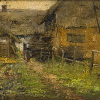 Isidore Verheyden (1846-1905): Vue animée d'une ferme, huile sur panneau