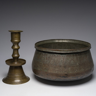 Chandelier ottoman en bronze et un bassin islamique en cuivre étamé à décor gravé, 19ème siècle