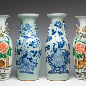 Quatre vases en porcelaine de Chine fmaille rose et bleu et blanc sur fond céladon à décor d'oiseaux parmi des branches fleuries, 19ème/20ème siècle