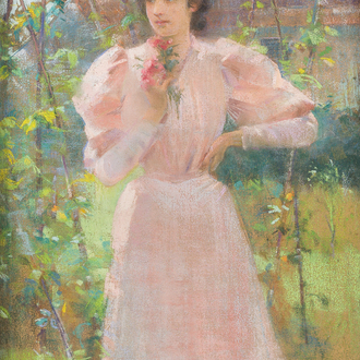 Louise De Hem (1866-1922): Portrait of a lady in a pink dress with a flower in her hand in a garden, pastel on paper marouflated on canvas