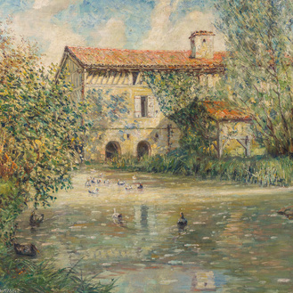 Ferdinand Willaert (1861-1938): Vue d'un étang avec des canards et une maison en arrière-plan, huile sur toile