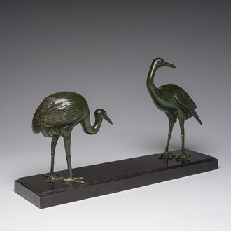 Alexandre Levasseur (19th/20th c.): Art Deco sculpture of two wading birds, green patinated bronze on a black marble base