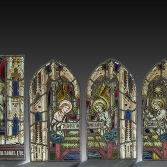 Four Gothic revival painted and stained glass windows with religious representations, 19th C.