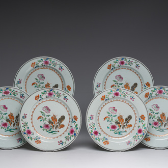 Six Chinese famille rose plates with floral design, Qianlong