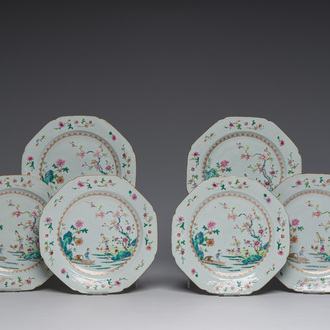Six Chinese famille rose plats with an animated river landscape, Qianlong